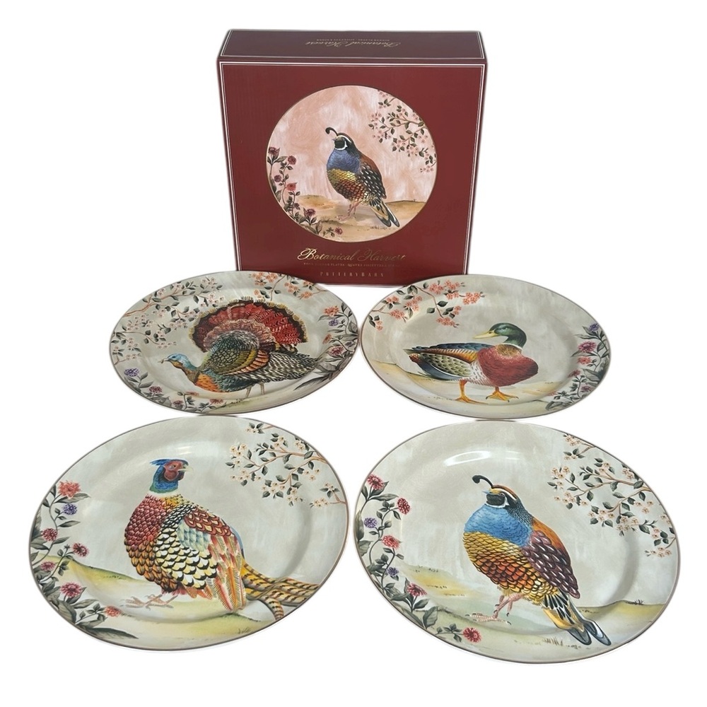 Pottery Barn Botanical Harvest Four Dinner Plates 10.75" Assorted Birds New Box!